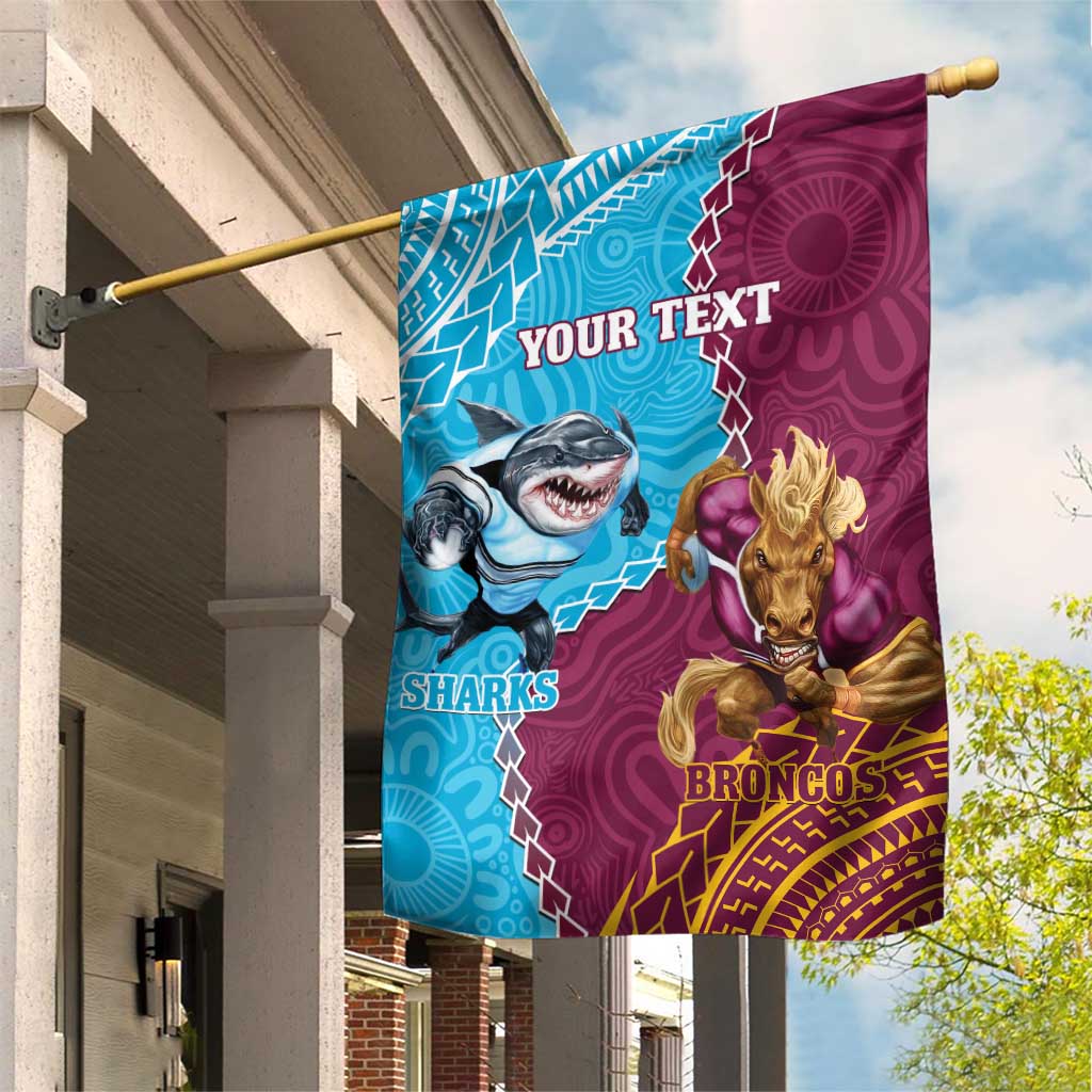 Personalised Sharks And Broncos Rugby Garden Flag Aboriginal Mix Polynesian Pattern
