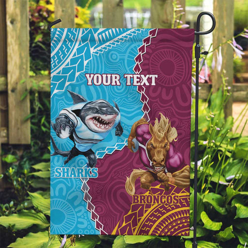 Personalised Sharks And Broncos Rugby Garden Flag Aboriginal Mix Polynesian Pattern