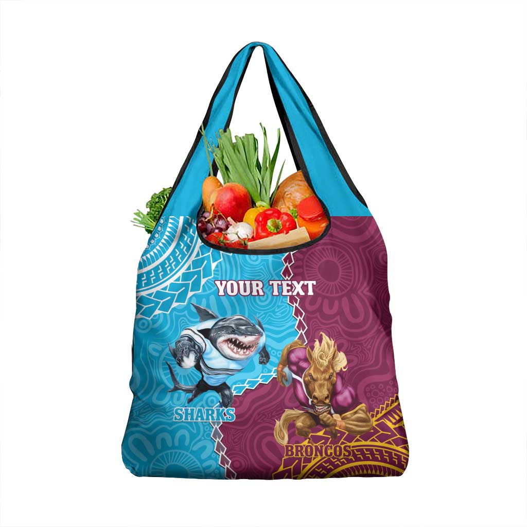 Personalised Sharks And Broncos Rugby Grocery Bag Aboriginal Mix Polynesian Pattern