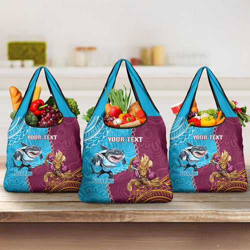 Personalised Sharks And Broncos Rugby Grocery Bag Aboriginal Mix Polynesian Pattern