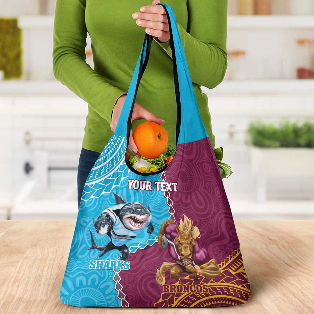 Personalised Sharks And Broncos Rugby Grocery Bag Aboriginal Mix Polynesian Pattern