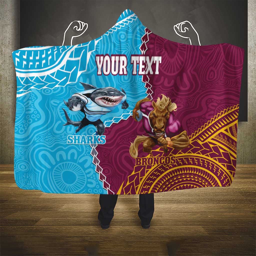 Personalised Sharks And Broncos Rugby Hooded Blanket Aboriginal Mix Polynesian Pattern