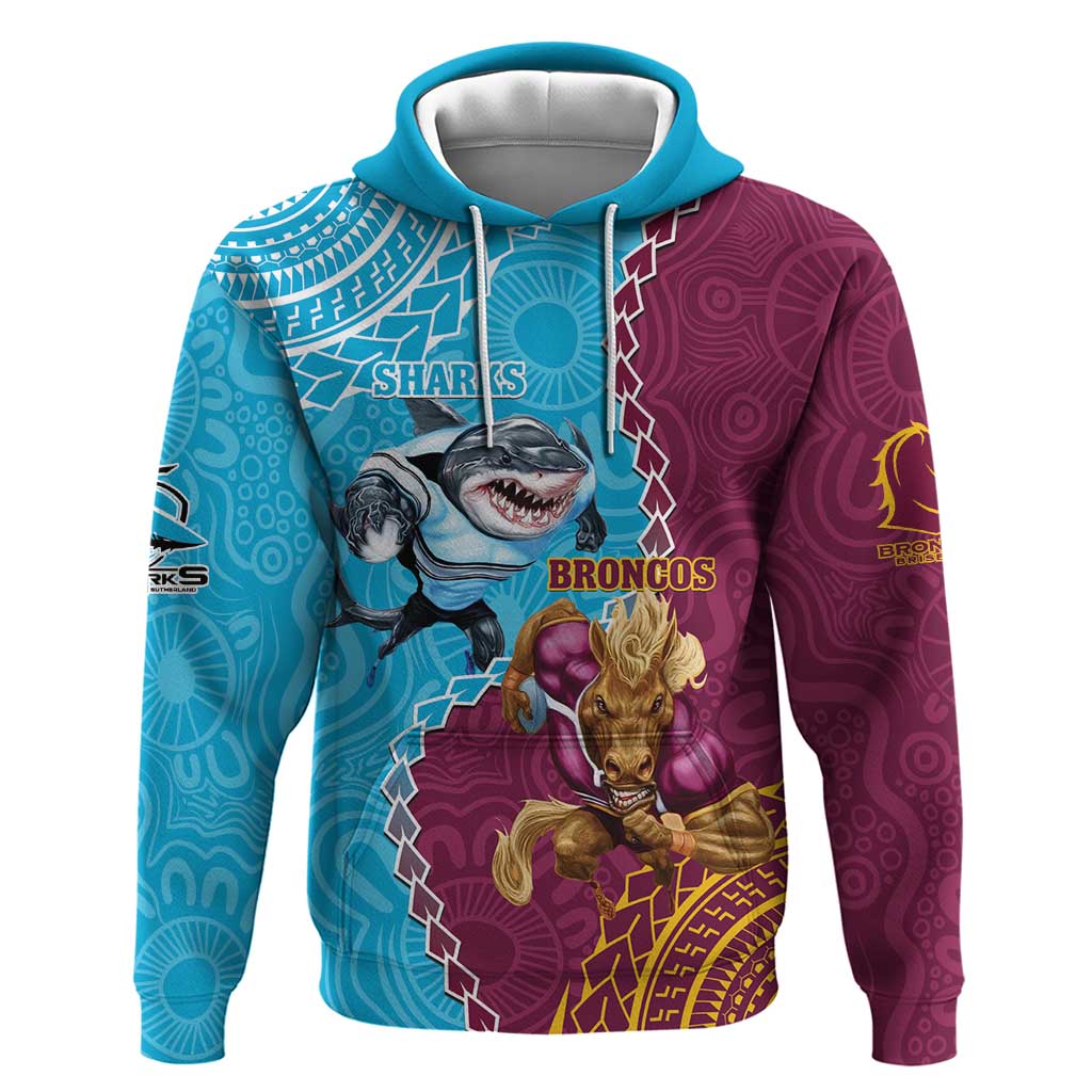 Personalised Sharks And Broncos Rugby Hoodie Aboriginal Mix Polynesian Pattern
