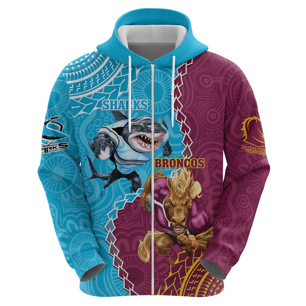 Personalised Sharks And Broncos Rugby Hoodie Aboriginal Mix Polynesian Pattern