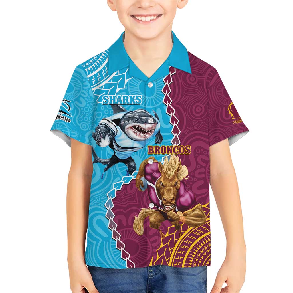 Personalised Sharks And Broncos Rugby Kid Hawaiian Shirt Aboriginal Mix Polynesian Pattern