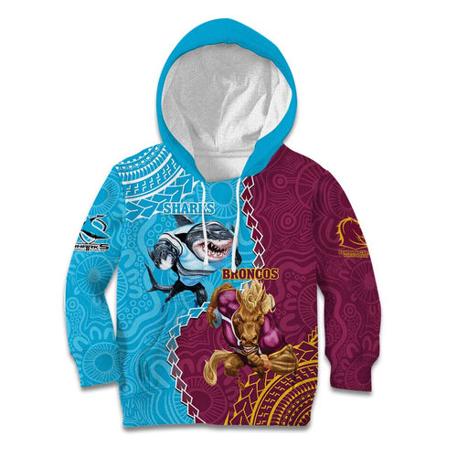 Personalised Sharks And Broncos Rugby Kid Hoodie Aboriginal Mix Polynesian Pattern