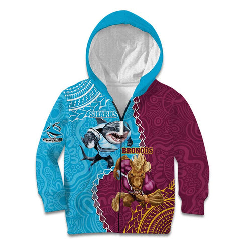 Personalised Sharks And Broncos Rugby Kid Hoodie Aboriginal Mix Polynesian Pattern