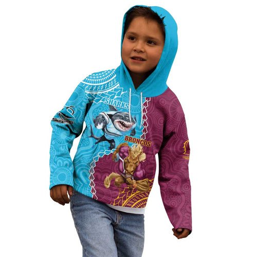 Personalised Sharks And Broncos Rugby Kid Hoodie Aboriginal Mix Polynesian Pattern