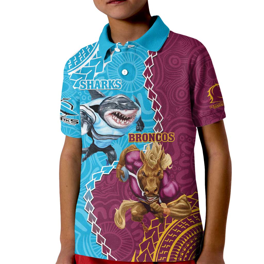 Personalised Sharks And Broncos Rugby Kid Polo Shirt Aboriginal Mix Polynesian Pattern