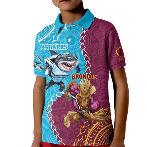 Personalised Sharks And Broncos Rugby Kid Polo Shirt Aboriginal Mix Polynesian Pattern