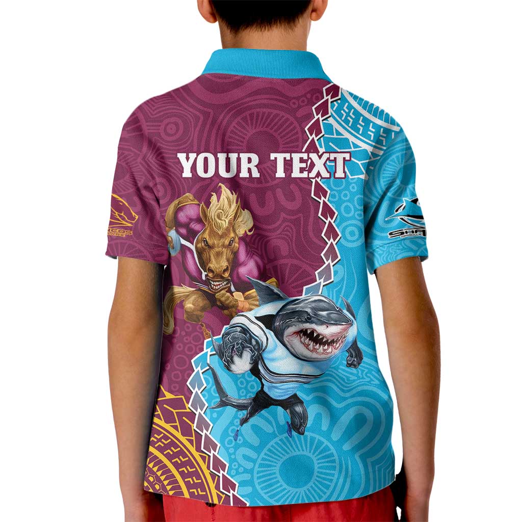 Personalised Sharks And Broncos Rugby Kid Polo Shirt Aboriginal Mix Polynesian Pattern