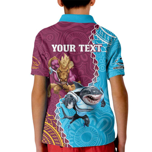Personalised Sharks And Broncos Rugby Kid Polo Shirt Aboriginal Mix Polynesian Pattern