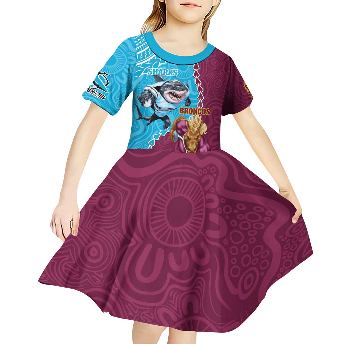 Personalised Sharks And Broncos Rugby Kid Short Sleeve Dress Aboriginal Mix Polynesian Pattern