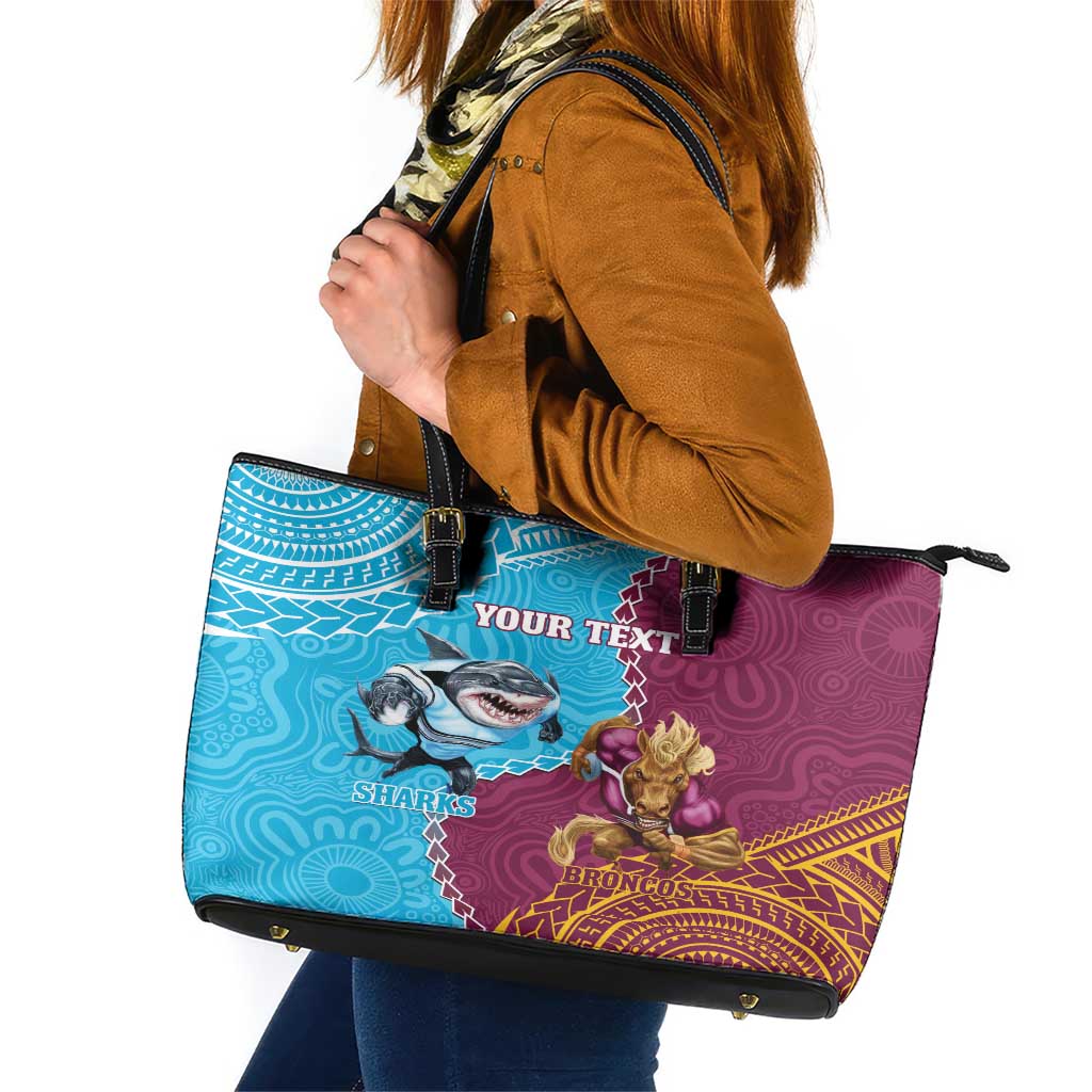 Personalised Sharks And Broncos Rugby Leather Tote Bag Aboriginal Mix Polynesian Pattern