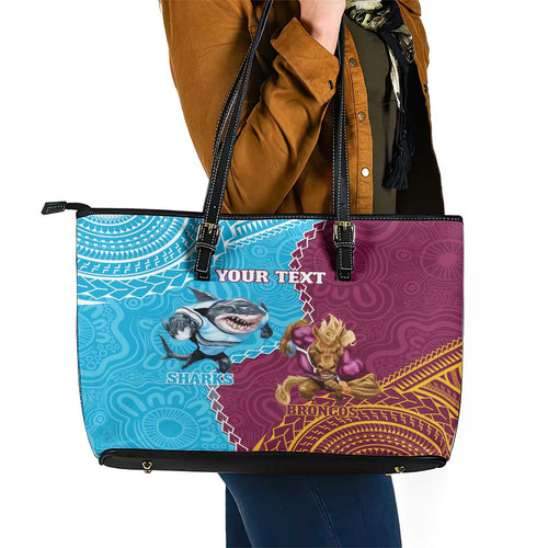 Personalised Sharks And Broncos Rugby Leather Tote Bag Aboriginal Mix Polynesian Pattern