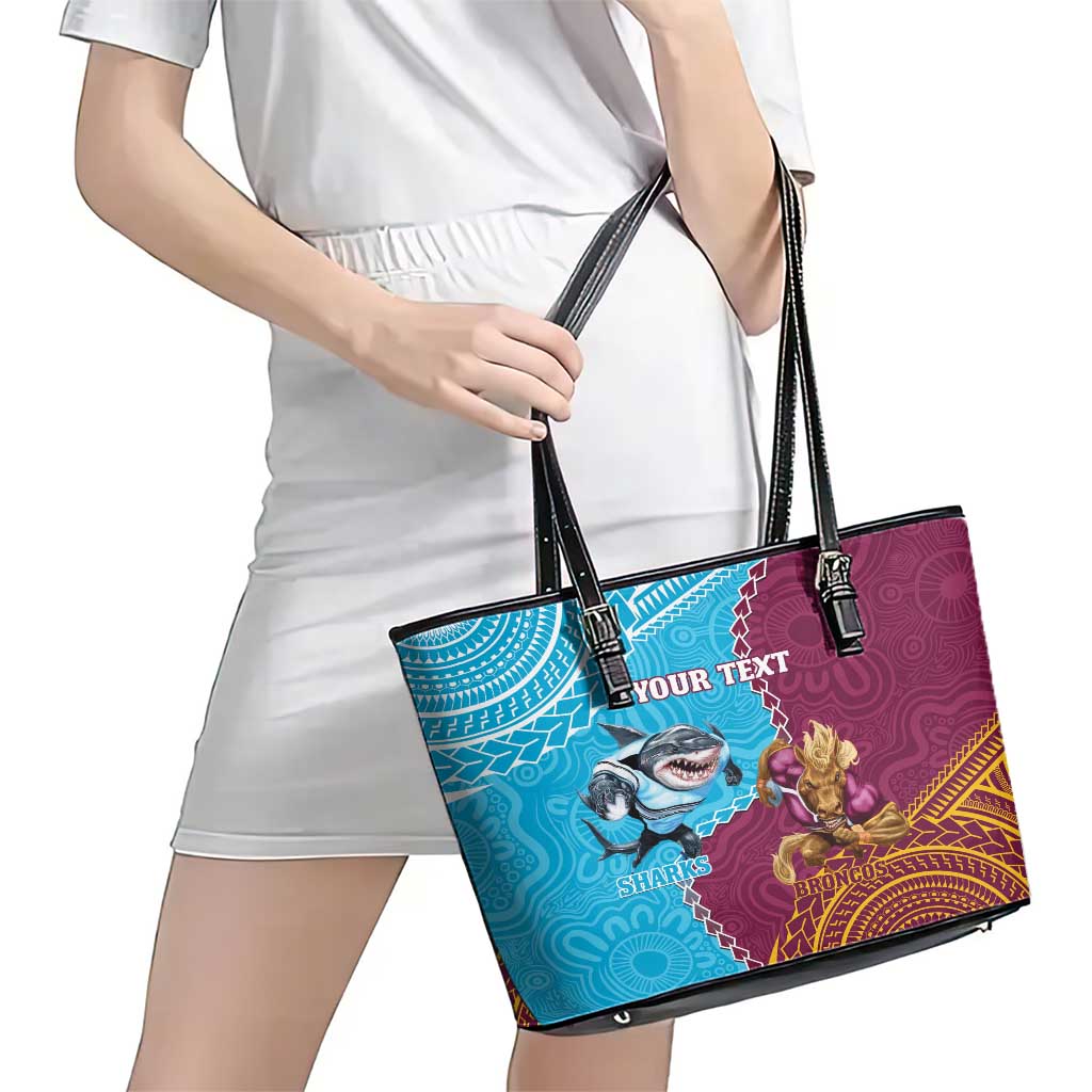 Personalised Sharks And Broncos Rugby Leather Tote Bag Aboriginal Mix Polynesian Pattern