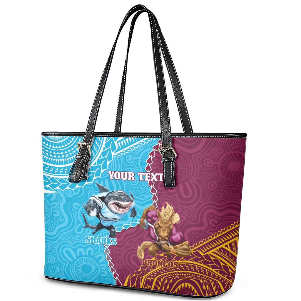 Personalised Sharks And Broncos Rugby Leather Tote Bag Aboriginal Mix Polynesian Pattern