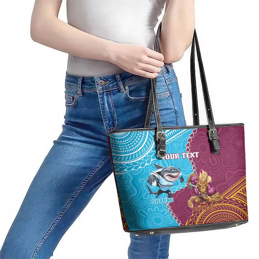Personalised Sharks And Broncos Rugby Leather Tote Bag Aboriginal Mix Polynesian Pattern