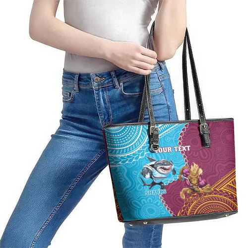 Personalised Sharks And Broncos Rugby Leather Tote Bag Aboriginal Mix Polynesian Pattern