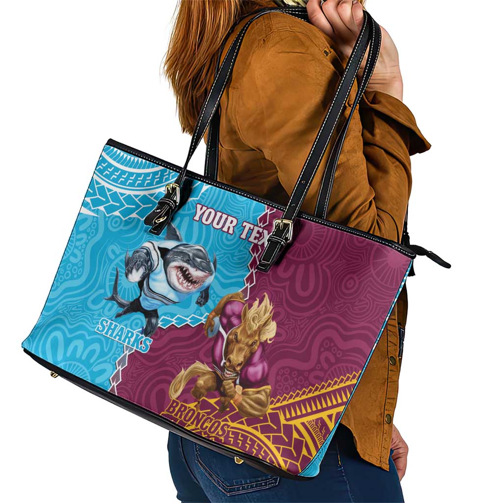Personalised Sharks And Broncos Rugby Leather Tote Bag Aboriginal Mix Polynesian Pattern