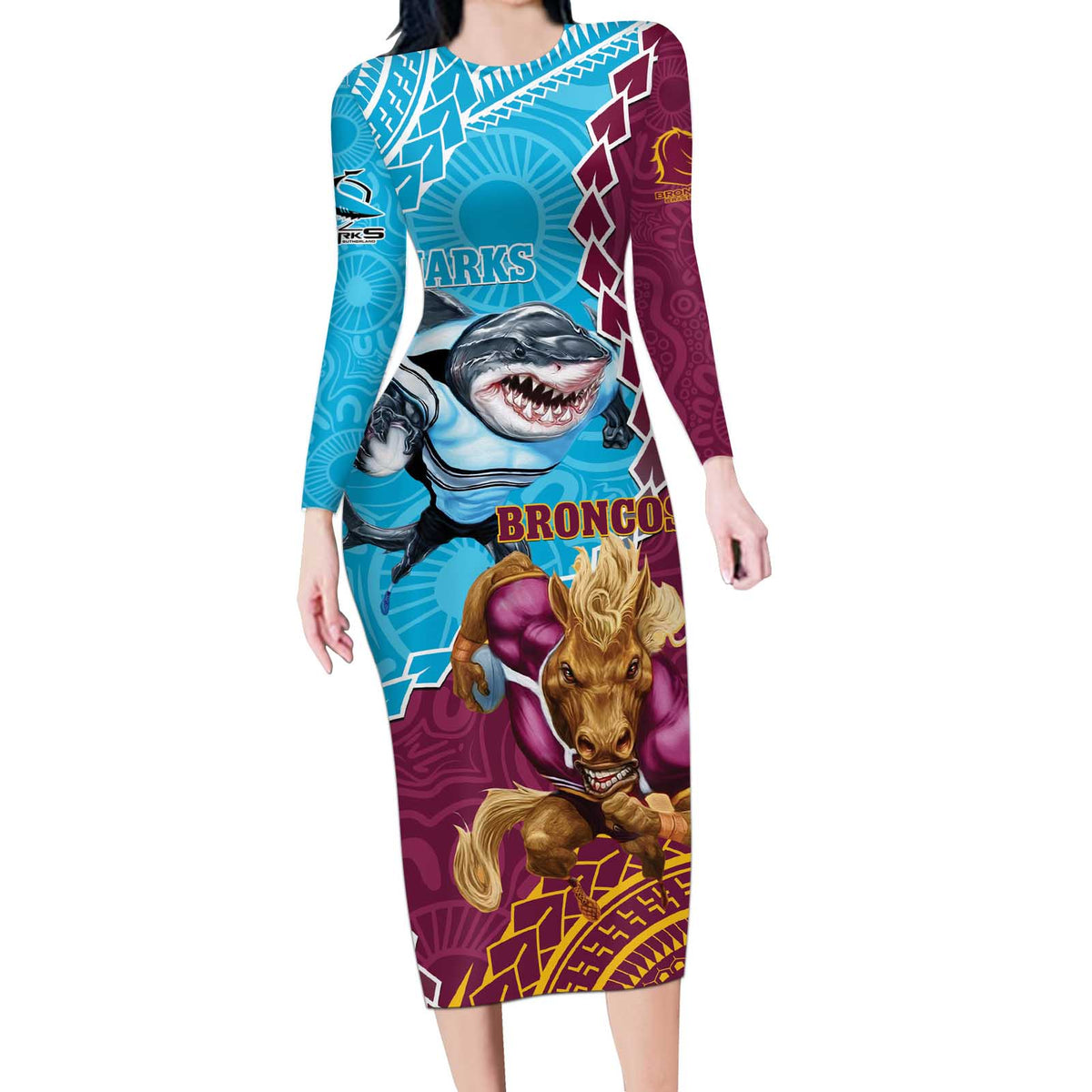Personalised Sharks And Broncos Rugby Long Sleeve Bodycon Dress Aboriginal Mix Polynesian Pattern