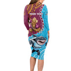 Personalised Sharks And Broncos Rugby Long Sleeve Bodycon Dress Aboriginal Mix Polynesian Pattern