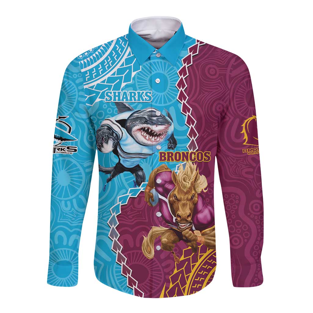 Personalised Sharks And Broncos Rugby Long Sleeve Button Shirt Aboriginal Mix Polynesian Pattern