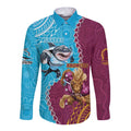 Personalised Sharks And Broncos Rugby Long Sleeve Button Shirt Aboriginal Mix Polynesian Pattern