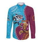 Personalised Sharks And Broncos Rugby Long Sleeve Button Shirt Aboriginal Mix Polynesian Pattern