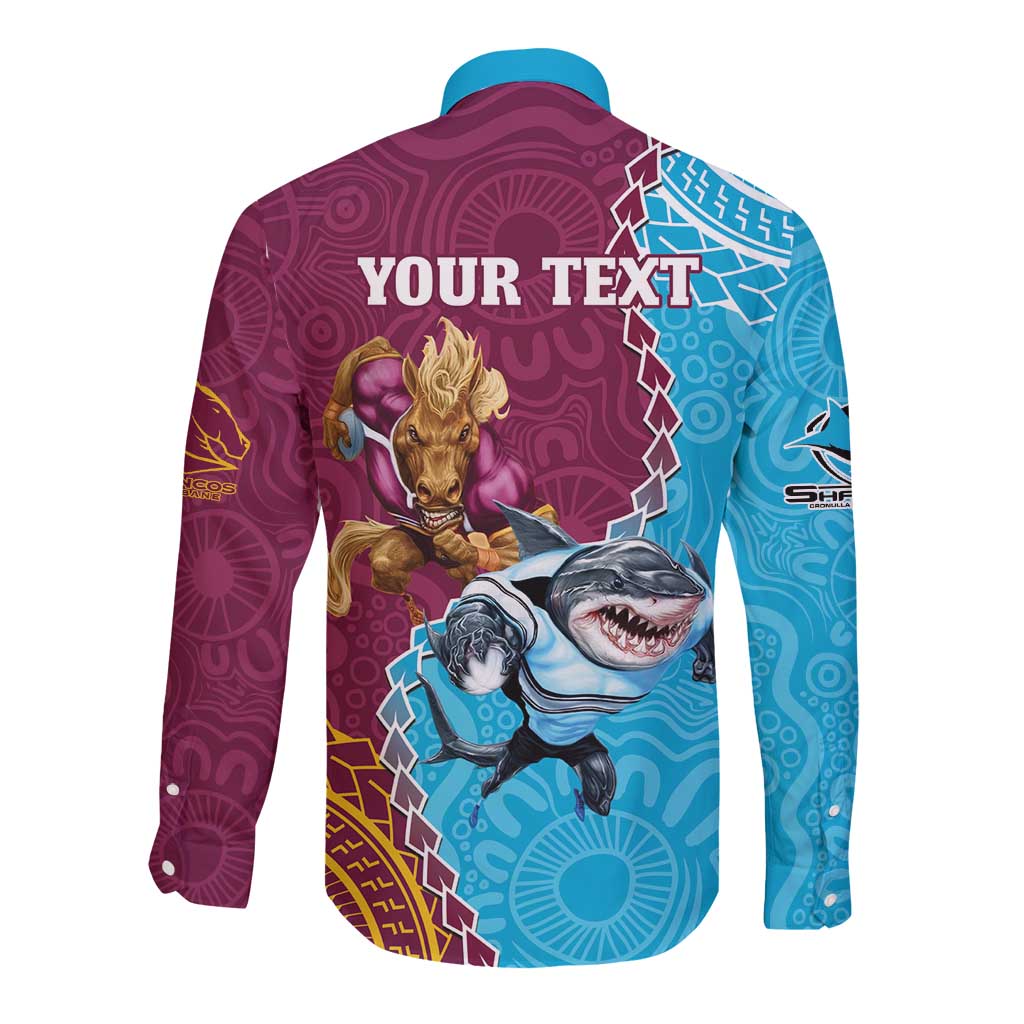 Personalised Sharks And Broncos Rugby Long Sleeve Button Shirt Aboriginal Mix Polynesian Pattern