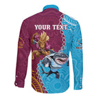Personalised Sharks And Broncos Rugby Long Sleeve Button Shirt Aboriginal Mix Polynesian Pattern