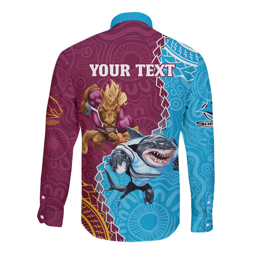 Personalised Sharks And Broncos Rugby Long Sleeve Button Shirt Aboriginal Mix Polynesian Pattern