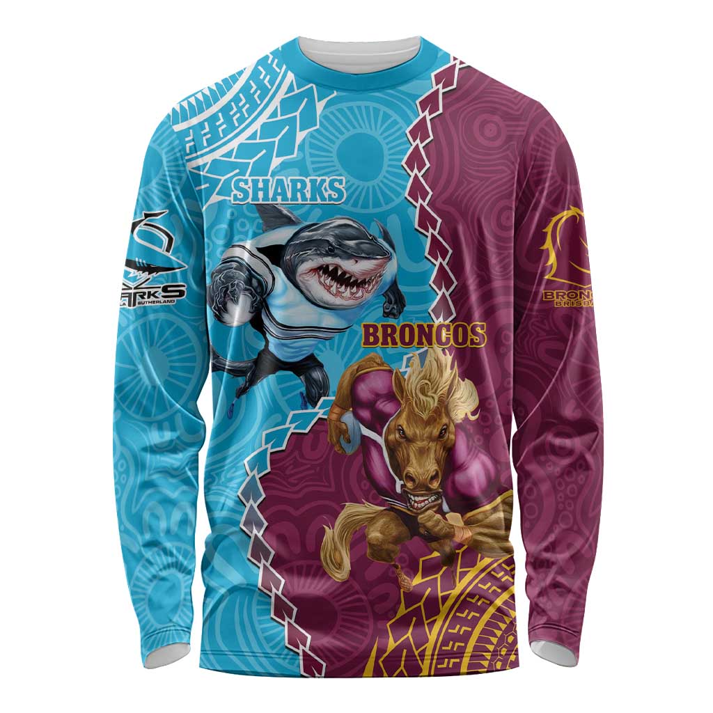 Personalised Sharks And Broncos Rugby Long Sleeve Shirt Aboriginal Mix Polynesian Pattern