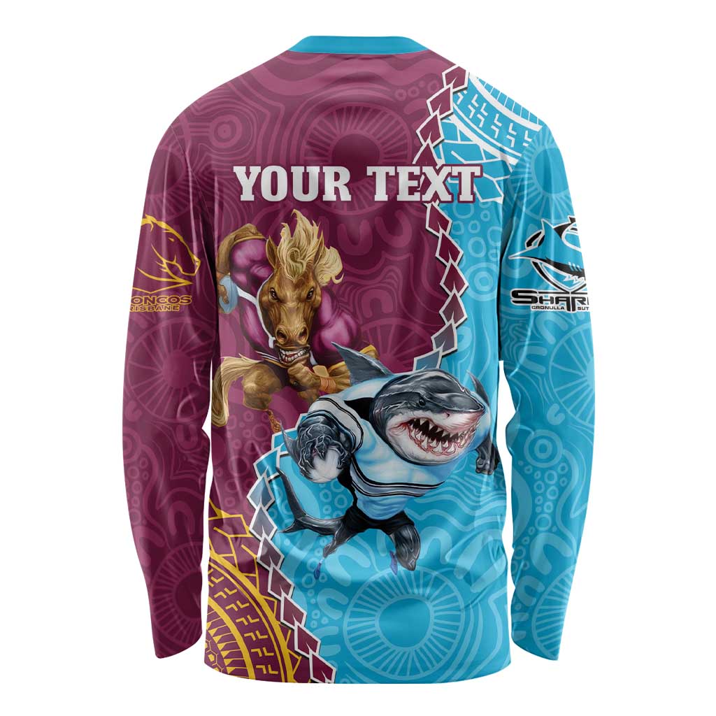 Personalised Sharks And Broncos Rugby Long Sleeve Shirt Aboriginal Mix Polynesian Pattern