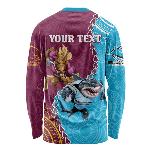 Personalised Sharks And Broncos Rugby Long Sleeve Shirt Aboriginal Mix Polynesian Pattern