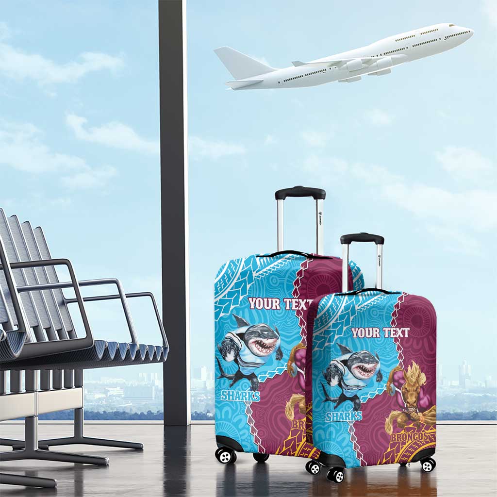 Personalised Sharks And Broncos Rugby Luggage Cover Aboriginal Mix Polynesian Pattern