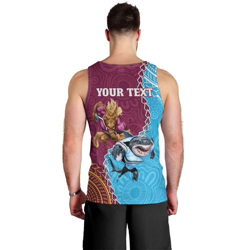 Personalised Sharks And Broncos Rugby Men Tank Top Aboriginal Mix Polynesian Pattern