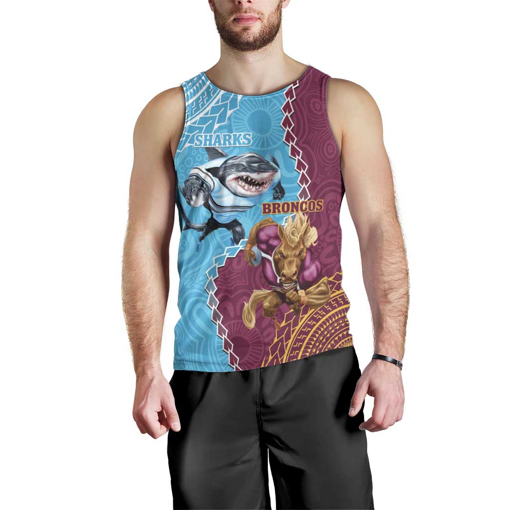 Personalised Sharks And Broncos Rugby Men Tank Top Aboriginal Mix Polynesian Pattern