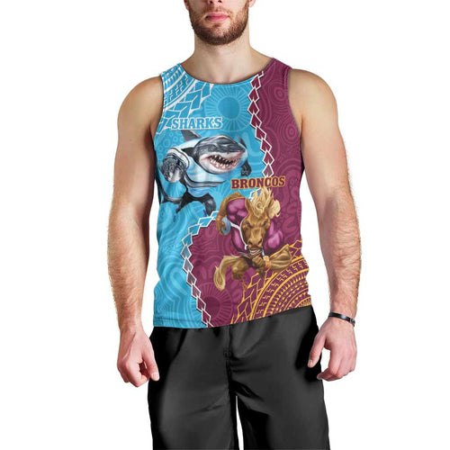 Personalised Sharks And Broncos Rugby Men Tank Top Aboriginal Mix Polynesian Pattern