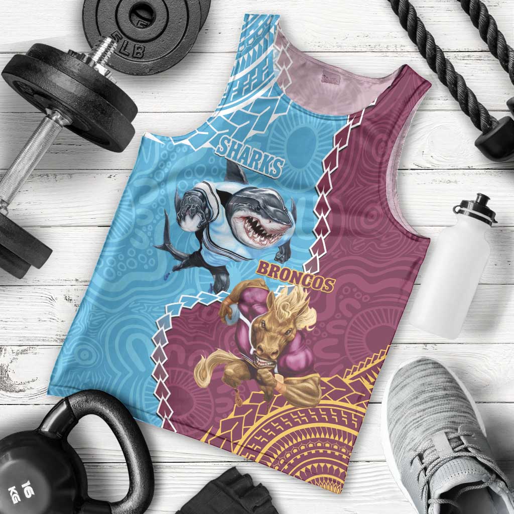 Personalised Sharks And Broncos Rugby Men Tank Top Aboriginal Mix Polynesian Pattern