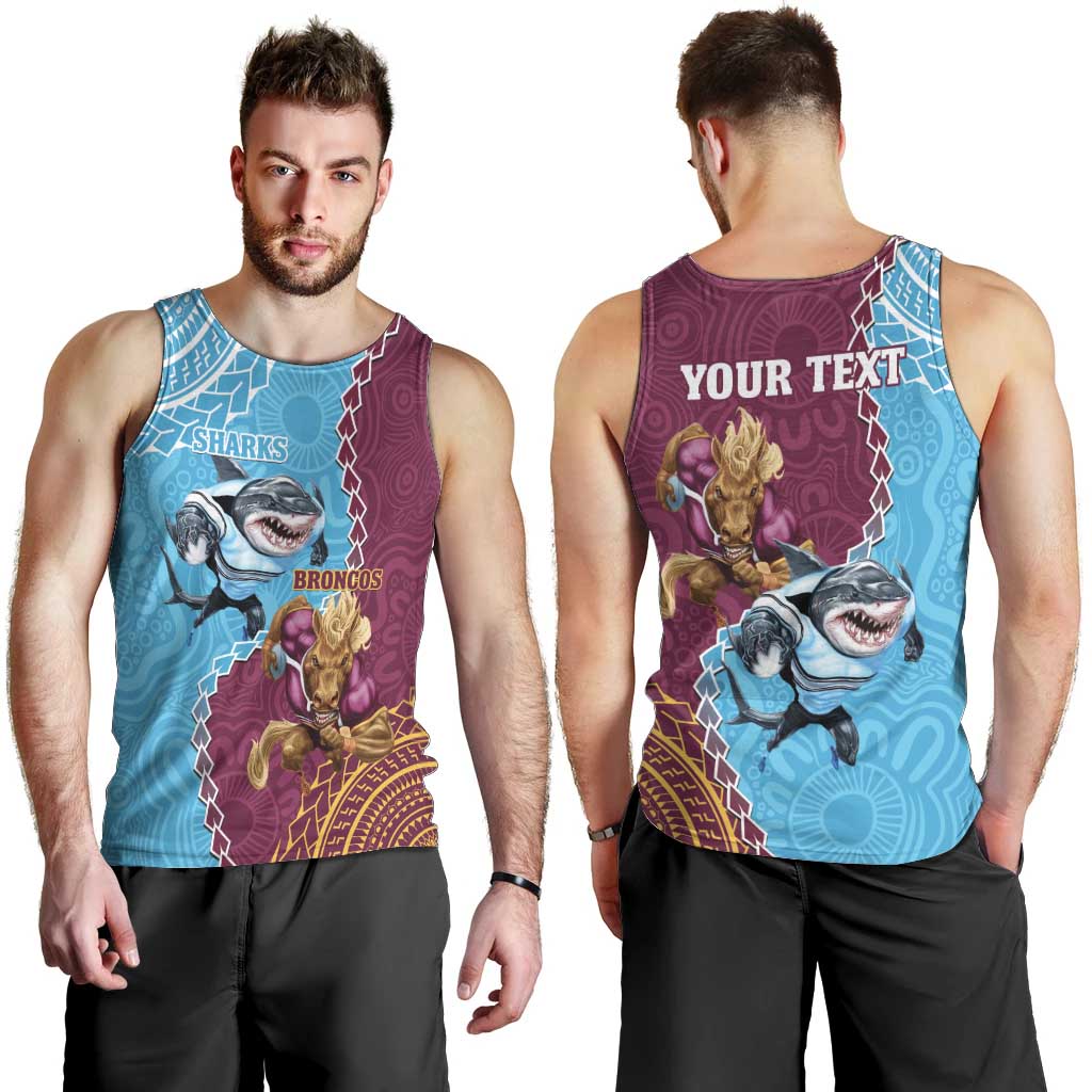 Personalised Sharks And Broncos Rugby Men Tank Top Aboriginal Mix Polynesian Pattern