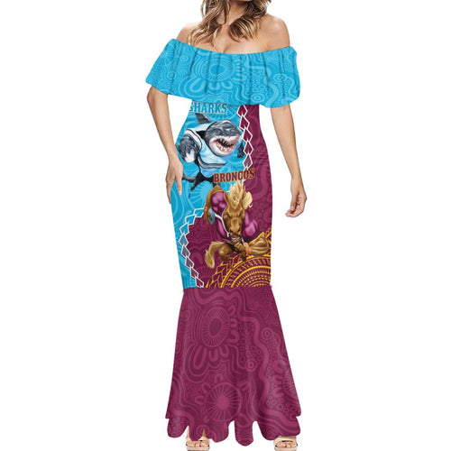 Personalised Sharks And Broncos Rugby Mermaid Dress Aboriginal Mix Polynesian Pattern