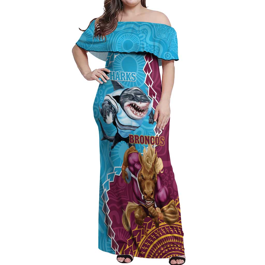 Personalised Sharks And Broncos Rugby Off Shoulder Maxi Dress Aboriginal Mix Polynesian Pattern