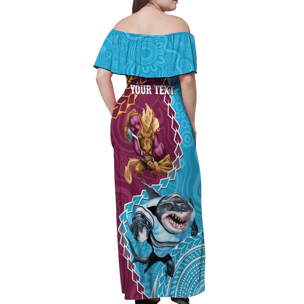 Personalised Sharks And Broncos Rugby Off Shoulder Maxi Dress Aboriginal Mix Polynesian Pattern