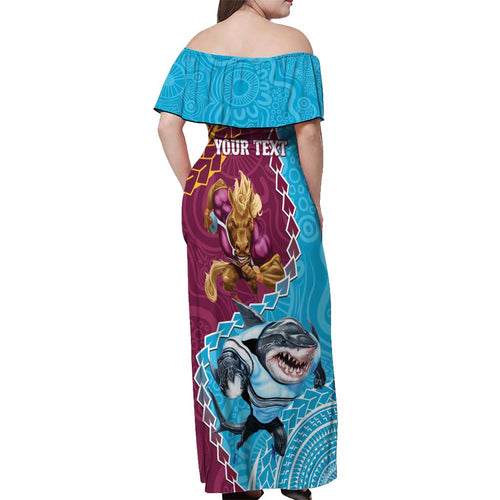 Personalised Sharks And Broncos Rugby Off Shoulder Maxi Dress Aboriginal Mix Polynesian Pattern