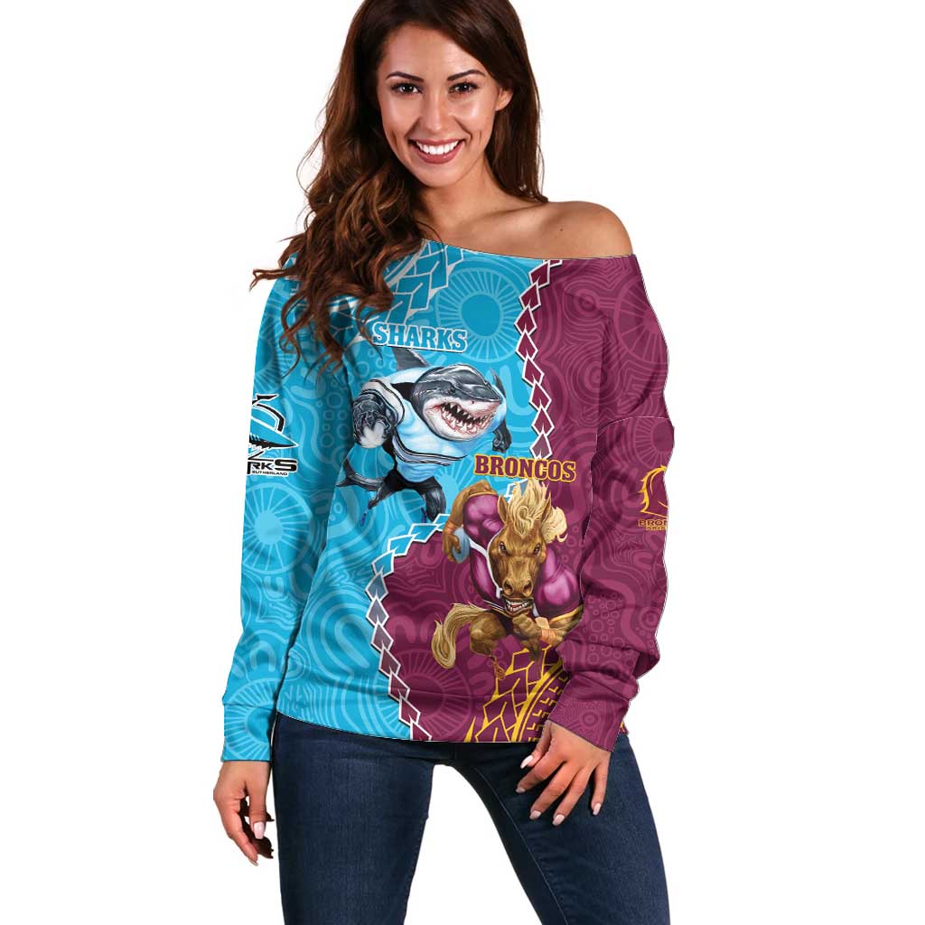 Personalised Sharks And Broncos Rugby Off Shoulder Sweater Aboriginal Mix Polynesian Pattern