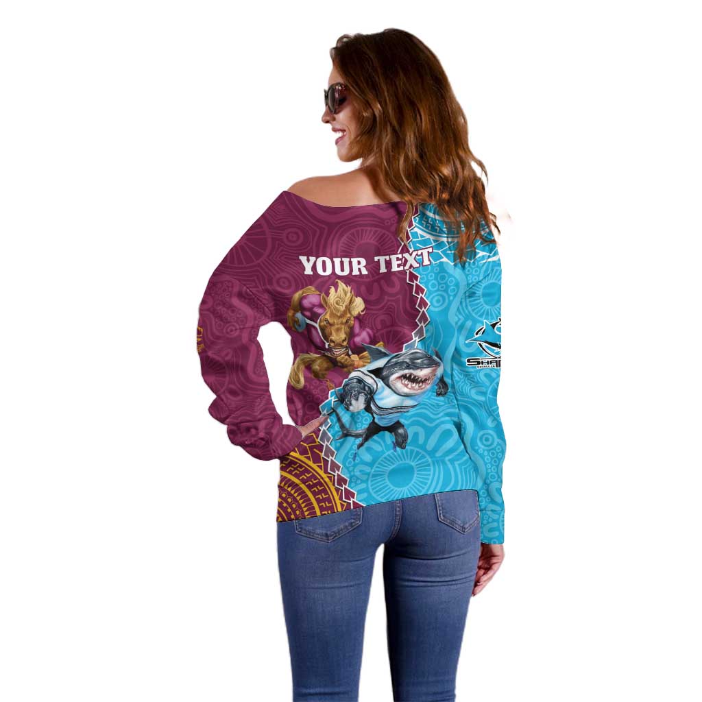 Personalised Sharks And Broncos Rugby Off Shoulder Sweater Aboriginal Mix Polynesian Pattern