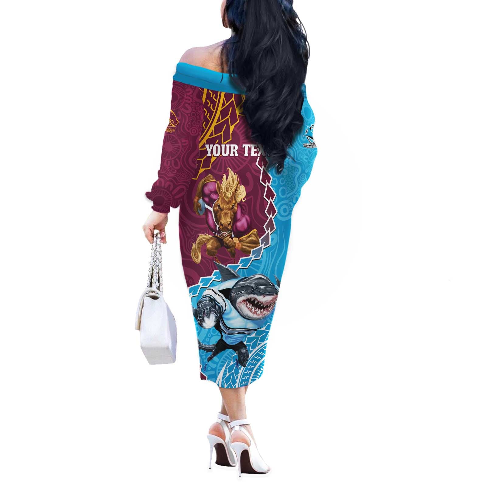 Personalised Sharks And Broncos Rugby Off The Shoulder Long Sleeve Dress Aboriginal Mix Polynesian Pattern