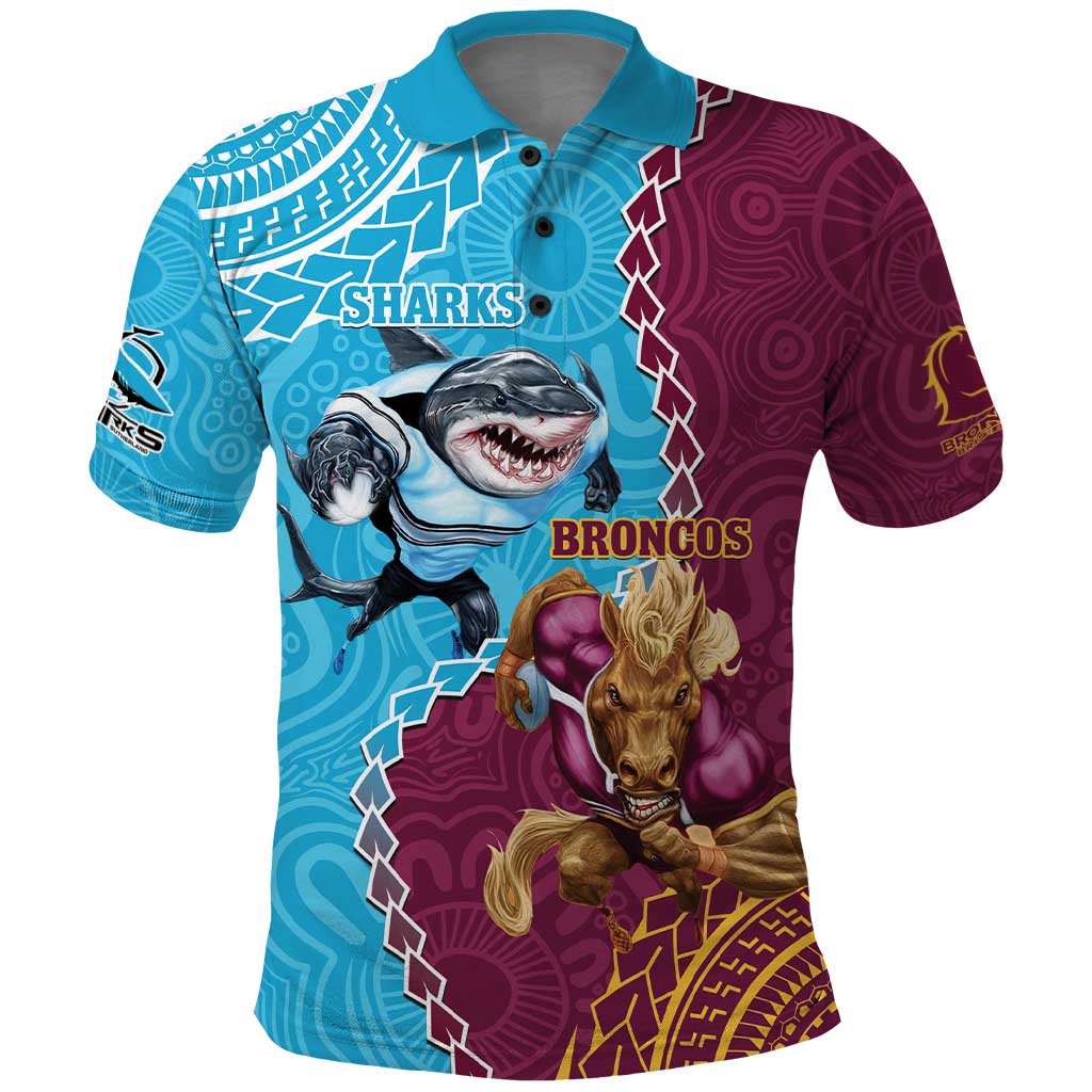 Personalised Sharks And Broncos Rugby Polo Shirt Aboriginal Mix Polynesian Pattern