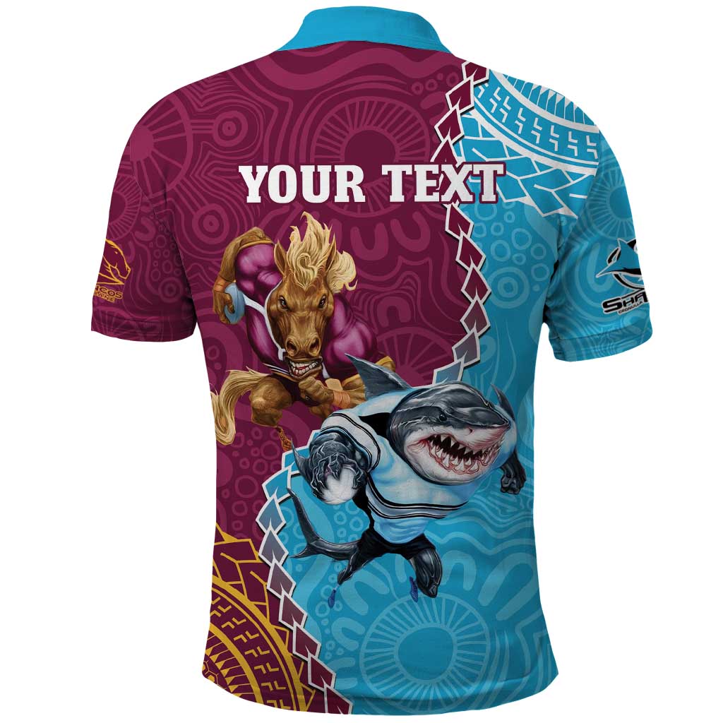 Personalised Sharks And Broncos Rugby Polo Shirt Aboriginal Mix Polynesian Pattern